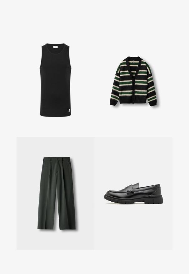 Cárdigan negro con un patrón a rayas en verde y blanco. Hecho de material suave, con un escote en V profundo, cierre de botones y mangas largas.; Top sin mangas negro hecho de tejido acanalado, con un escote redondo y una pequeña etiqueta de logo en el dobladillo. Diseño simple y ajustado.; Pantalones de pierna ancha en verde oscuro con pliegues frontales, bolsillos laterales, trabillas para cinturón y cierre de botón sobre un fondo blanco liso.; Mocasin de cuero negro con una cinta ancha en el empeine, suela de goma con tacos gruesos y textura suave. Diseño clásico y elegante.