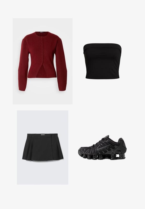 Burgundy strikket cardigan med lange ærmer, rund halsudskæring, lukning med knapper foran og en let udflare ved taljen for en skræddersyet silhuet.; Sort strapless top med et tætsiddende design, lavet af blødt stof med en glat overflade og rene kanter. Ingen yderligere mønstre eller accenter.; Sort plisseret nederdel med et pinstripe mønster, lavet af struktureret stof med en talje, designet til en tætsiddende pasform.; Sort atletisk sko med mesh-overdel og glatte overlays. Har buet spiralbøsningsdæmpning og strukturerede linjer på siden. Nike-logoet er synligt.