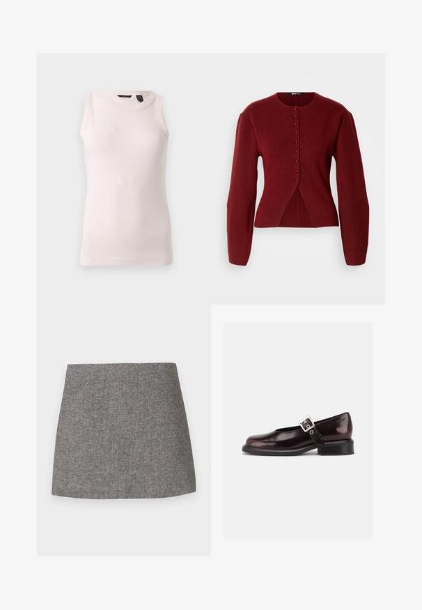 Cardigan en tricot bourgogne avec des manches longues, un col rond, une fermeture à boutons sur le devant, et une légère évasement à la taille pour une silhouette ajustée.; Débardeur blanc en maille côtelée sans manches avec encolure ronde et coupe ajustée, présenté sur un fond uni gris clair.; Jupe à motif chevrons en tissu gris, présentant une silhouette ajustée avec une texture lisse et un ourlet droit et net.; Chaussure Mary Jane unique brillante couleur bordeaux foncé avec une large bride et une boucle argentée, talon bloc bas et bout arrondi sur fond blanc.