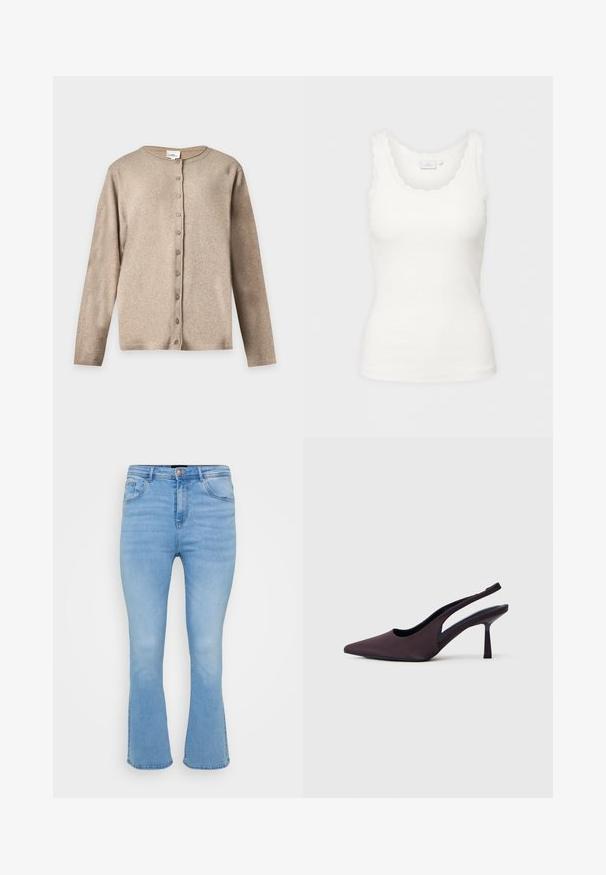 Beiger langärmeliger Knopf-Cardigan mit rundem Ausschnitt und gerippten Bündchen und Saum, auf neutralem Hintergrund dargestellt.; Weißes, geripptes Tanktop mit wellenförmigem Ausschnitt und Ärmelsaum, präsentiert vor einem schlichten, hellen Hintergrund.; Helle, blaue, aus Baumwoll-Denim gefertigte Schlagjeans. Sie verfügen über eine hohe Taille, fünf Taschen und sichtbare Nähte entlang der Nähte und am Saum.; Slingback-Pumps aus dunkelviolettem Stoff. Spitz zulaufende Zehenkappe, offene Seiten und ein schlanker, quadratischer Absatz. Glatte Textur.
