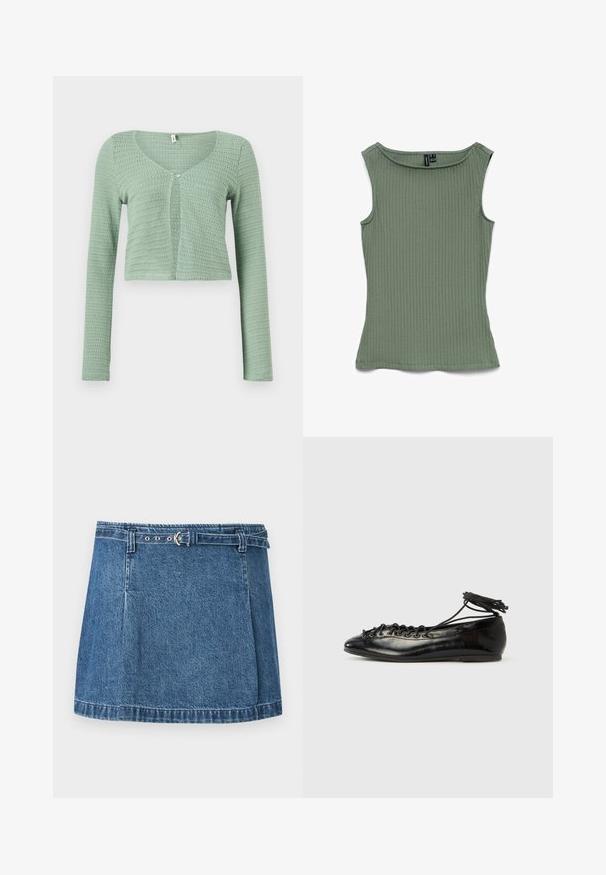Cardigan court en crochet vert clair à manches longues, avec une seule boutonnière au niveau de la poitrine et un large décolleté.; Haut vert côtelé sans manches avec encolure bateau, coupe ajustée et coutures visibles sur fond blanc.; Mini-jupe en denim bleu avec ourlet cousu et fine ceinture assortie avec boucle argentée, posée à plat sur un fond clair.; Ballerines en cuir verni noir avec un bout rond, un design à lacets et une semelle plate. Texture lisse avec peu de détails.