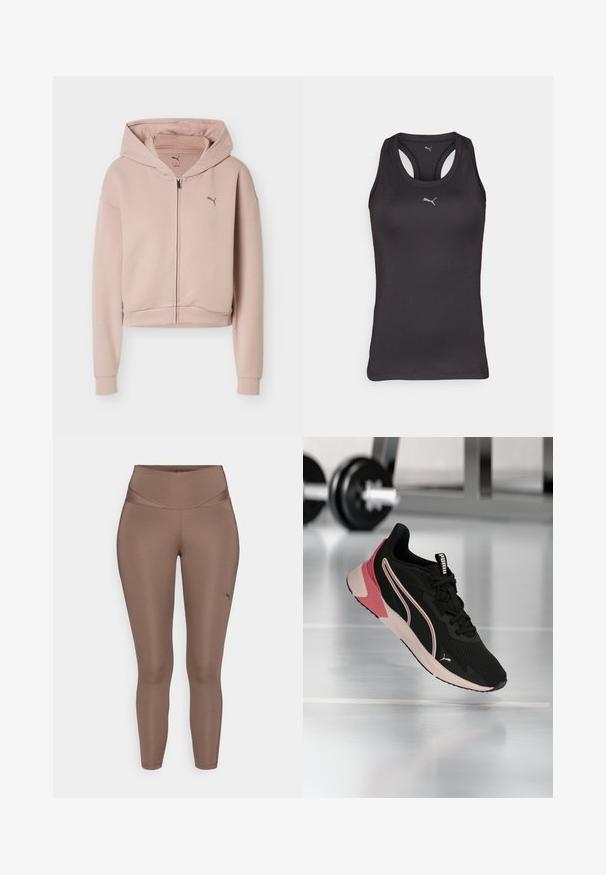 Sweat à capuche court rose clair avec manches longues, fermeture éclair frontale, capuche et petit logo Puma sur la poitrine.; Débardeur de sport noir avec un dos nageur, fabriqué en tissu lisse, présentant un petit logo gris au centre à l'avant.; Leggings de sport marron en tissu lisse et extensible avec une taille haute. Présente un petit logo noir au bas de la jambe gauche.; Chaussure de course Puma noire et rose suspendue au-dessus d'un sol de gym réfléchissant, avec des haltères flous en arrière-plan.