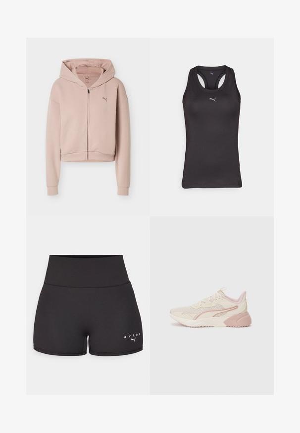 Hellrosa, kurz geschnittenes Kapuzen-Sweatshirt mit Reißverschluss vorne, langen Ärmeln, Kapuze und kleinem Puma-Logo auf der Brust.; Schwarzes Sporttanktop mit Racerback-Design, aus glattem Stoff gefertigt, mit einem kleinen grauen Logo in der Mitte vorne.; Schwarze Sportshorts aus dehnbarem Material. Hohe Taille mit weißem "HYROX"-Text und Logo auf der linken unteren Seite. Glatte Textur.; Leichte Sneaker mit einem beige und hellrosa Design, Obermaterial aus Mesh, gepolsterter Sohle und dezenten Logo-Akzenten an der Seite.