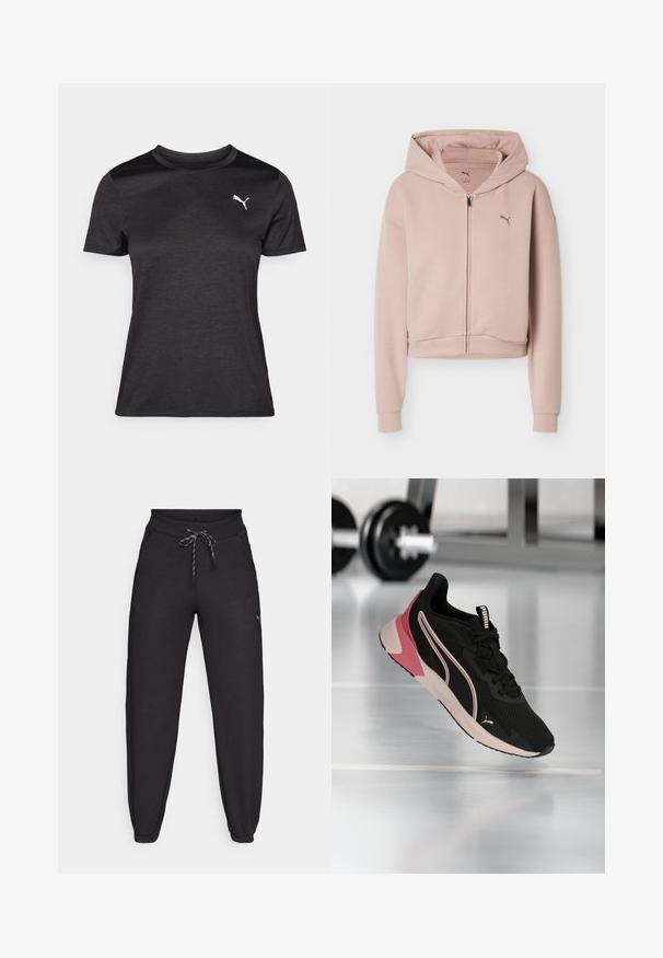 Lichtroze cropped hoodie met lange mouwen, een ritssluiting aan de voorkant, capuchon en een klein Puma-logo op de borst.; Zwarte sportieve T-shirt met korte mouwen, ronde halslijn en een wit logo op de borst. Glad materiaal en getailleerde pasvorm.; Zwarte joggingsbroek van zacht, rekbaar materiaal, met een trekkoord in de taille, zijzakken en taps toelopende boorden bij de enkels.; Zwart en roze Puma hardloopschoen zwevend boven een reflecterende sportschoolvloer, met vervaagde dumbbells op de achtergrond.