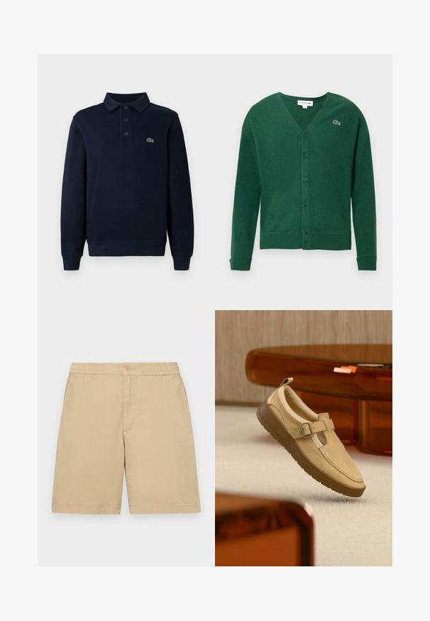 Groene cardigan gemaakt van gebreid materiaal, met een V-hals, lange mouwen en knopen aan de voorkant. Klein geborduurd logo op de linkerborst.; Marineblauwe lange mouwen polo shirt met knoopsluiting en klein groen krokodillenlogo op de borst.; Beige katoenen shorts met een normale pasvorm, elastische tailleband, knoopsluiting en zijzakken. Soepele textuur, knielang ontwerp.; Beige leren instapschoen met gespsluiting en bruine rubberen zool, zwevend boven een licht tapijtvloer en in de buurt van amberkleurig doorschijnend meubilair.
