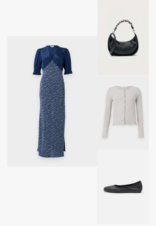 Lichtgrijze geribde gebreide cardigan met ronde halslijn, knopen aan de voorkant, lange mouwen en gerimpelde randen aan zoom en manchetten.; Marineblauwe jurk met een V-hals, pofmouwen en een witte stippenpatroon. Heeft een aansluitende lijfje en een lange rok met een split aan de zijkant.; Zwarte leren ballerina met een ronde neus, gladde textuur, minimale stikdetails en een flexibele zoolontwerp.; Zwarte leren handtas met een afgeronde vorm, dubbele band met een stevige zilveren ketting en een ritssluiting aan de bovenkant. Soepele textuur.