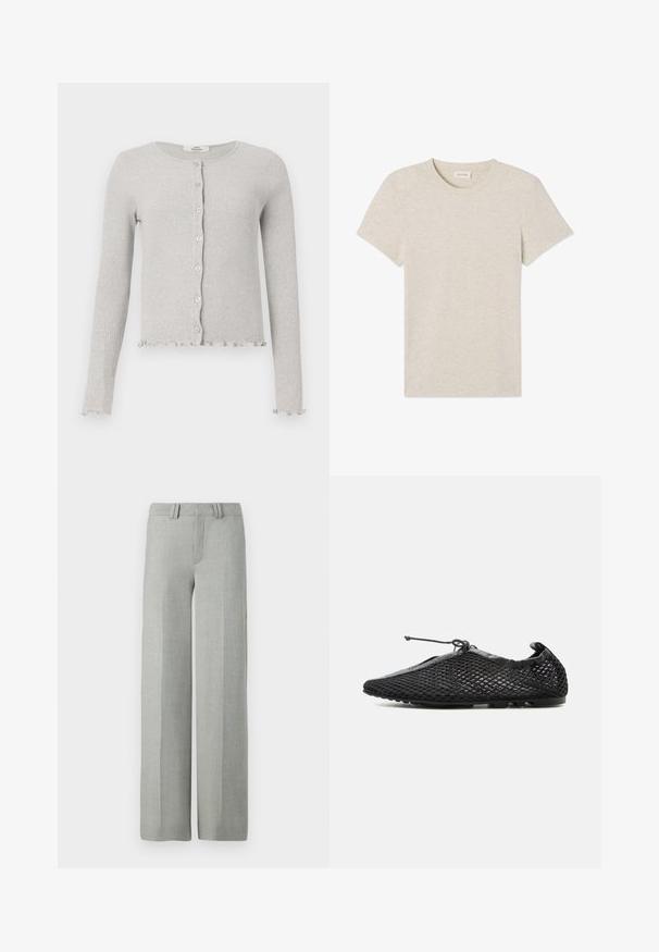 Cárdigan de tejido de punto acanalado en gris claro con cuello redondo, botones en la parte delantera, mangas largas y bordes con volantes en el dobladillo y los puños.; Camiseta de manga corta de un suave color beige claro, hecha de una tela blanda, que presenta un cuello redondo clásico y una textura lisa con costuras mínimas visibles.; Pantalones gris de pierna ancha en una tela ligera, con un frente plano, presillas para cinturón y líneas limpias y ajustadas sin patrones visibles.; Zapato tipo slip-on de malla negra con suela delgada y cordón ajustable atado en la parte superior, mostrado de perfil sobre un fondo blanco.