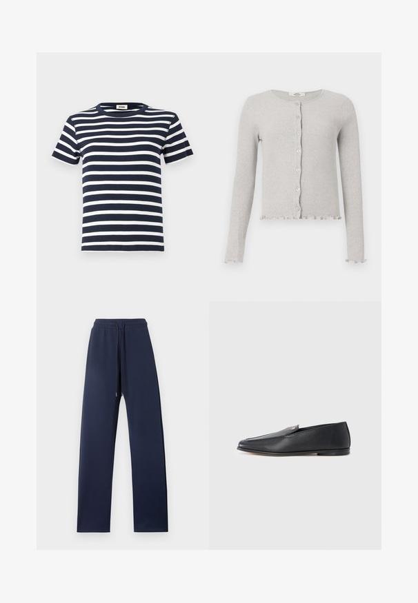 Cardigan en tricot côtelé gris clair avec encolure ronde, boutonnière à l'avant, manches longues et bords à volants à l'ourlet et aux poignets.; T-shirt rayé bleu marine et blanc en tissu côtelé, avec un col rond et des manches courtes. Le design met l'accent sur les lignes horizontales.; Pantalon décontracté bleu marine avec taille à cordon, jambes droites et tissu lisse, présenté sur un fond clair uni.; Mocassins en cuir noir à texture lisse, bout arrondi et détails de couture subtils. Ils présentent un accent logo doré sur le côté supérieur.