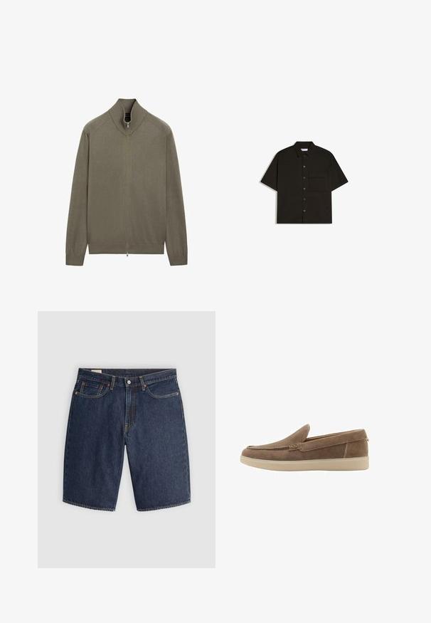 Olijfgroene gebreide trui met ritssluiting, geribde hoge kraag, manchetten en zoom, plat gelegd op een witte achtergrond.; Zwarte korte mouw blouse met knopen, kraag en een borstzak met klep op een witte achtergrond.; Donkerblauwe denim shorts met een klassiek ontwerp, voorzien van vijf zakken, gestikte naden, een knoopsluiting en gebogen achterzakken.; Bruine suède instap loafer met beige rubberen zool en gestikte details, van opzij getoond tegen een witte achtergrond.