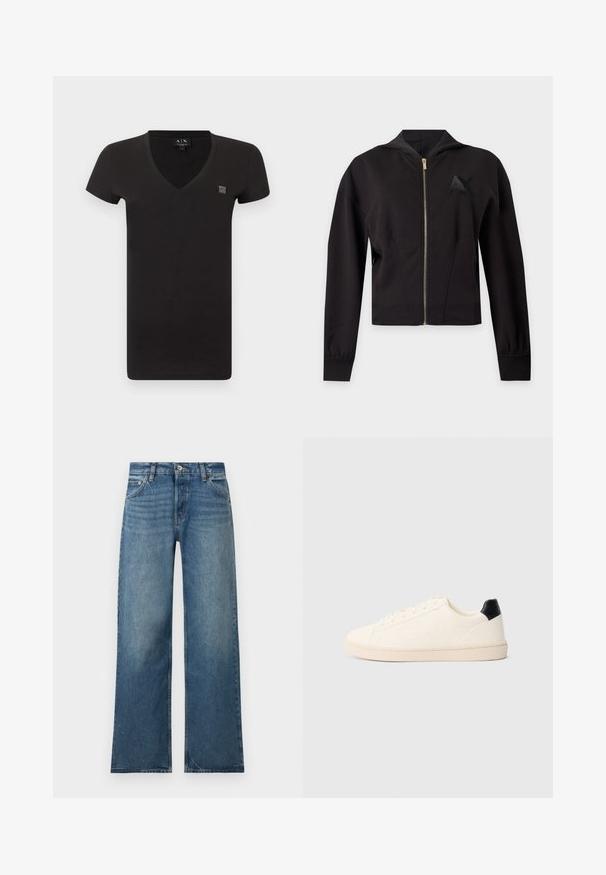 Sweat à capuche noir à manches longues avec fermeture éclair sur le devant et logo discret "AX" sur la poitrine gauche, présenté sur un fond uni.; T-shirt noir à manches courtes avec col en V, petit patch logo sur le côté gauche de la poitrine et étiquette intérieure au niveau de l'encolure.; Jean bleu à jambes larges avec fermeture devant à bouton et zip, poches avant et arrière, et détails subtils d'effilochage.; Baskets discrètes de couleur blanc cassé avec lacets sur le devant, marquage en relief subtil sur le côté et languette noire au talon, sur un fond uni.