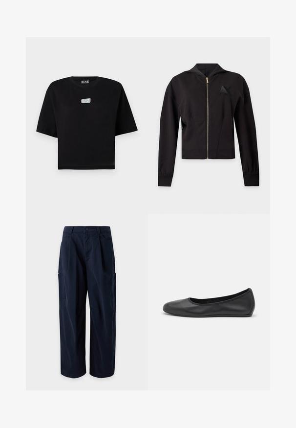 Sweat à capuche noir à manches longues avec fermeture éclair sur le devant et logo discret "AX" sur la poitrine gauche, présenté sur un fond uni.; T-shirt noir court à manches courtes avec un petit logo EA7 Emporio Armani gris et blanc sur la poitrine et à l'intérieur de l'encolure.; Pantalon cargo bleu marine à jambes larges, passants de ceinture, fermeture à l'avant, poches latérales et deux grandes poches sur les cuisses, exposé sur un fond uni.; Ballerines en cuir noir avec un bout rond, texture lisse, détails de couture minimalistes et design de semelle flexible.