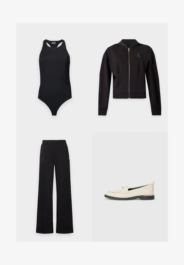 Sweat à capuche noir à manches longues avec fermeture éclair sur le devant et logo discret "AX" sur la poitrine gauche, présenté sur un fond uni.; Body noir une pièce sans manches avec dos nageur et logo EA7 Emporio Armani subtilement embossé sur la poitrine.; Pantalon noir à jambes larges avec une taille ajustée, réalisé dans un tissu lisse. Comprend des poches latérales discrètes et des accents matériels minimalistes.; Mocassin en cuir crème avec une sangle décorative, des détails cousus et une semelle noire basse accentuée d'un talon doré.