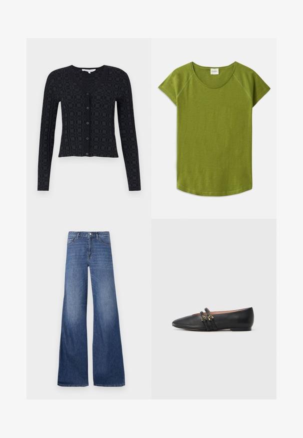 Zwarte cardigan met een V-hals, lange mouwen en een gestructureerd geruit patroon, met een knoopsluiting aan de voorkant en een geribbelde zoom.; Groene t-shirt met korte mouwen, gemaakt van zachte stof. Heeft een ronde halslijn en een relaxte pasvorm. Eenvoudig ontwerp zonder zichtbare patronen of accenten.; Wijd-facebook denim jeans in een middelblauwe wassing, met vijf zakken, riemlussen en een knoopsluiting. Glad textuur met een lichte vervaging.; Zwarte leren platte schoenen met een spitse neus, voorzien van twee zwarte banden met gouden accenten. Soepele textuur en lage hak.