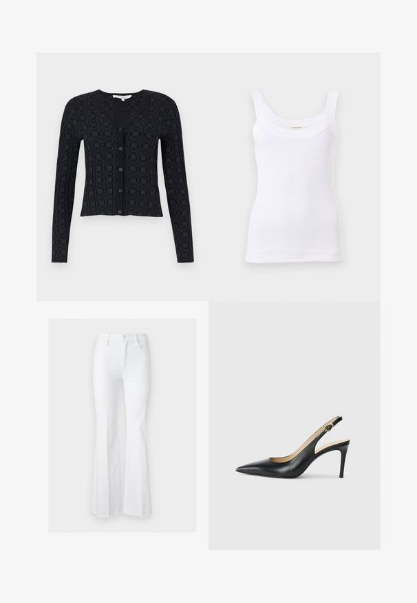 Μαύρο cardigan με V-λαιμόκοψη, μακριά μανίκια και υφασμάτινο καρό μοτίβο, με κουμπί μπροστά και ριμπ χείλος.; Λευκό ριπ τοπ με φαρδιές τιράντες και στρογγυλή λαιμόκοψη, σε απλό ανοιχτό φόντο.; Λευκά τζιν ψηλόμεσα με κούμπωμα κουμπιού και φερμουάρ, μπροστινές και πίσω τσέπες και καμπουρωτά πόδια σε ένα μονόχρωμο φωτεινό φόντο.; Μαύρες δερμάτινες γόβες slingback με μυτερή μύτη, ρυθμιζόμενο λουράκι και κομψό τακούνι στιλέτο, με λείες επιφάνειες.