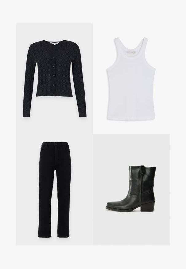 Sort cardigan med V-hals, lange ærmer og et tekstureret ternet mønster, med frontknaplukning og ribbet kant.; Hvid tank top lavet af glat stof, med en rund halsudskæring og brede skulderstropper, med et mærke indeni, der står "IVY OAK."; Sorte jeans i denim med lige ben, en mellemhøj talje og fem lommer. Har en frontlukning med knap og bæltestropper.; Sort læder ankelstøvle med rundt tå, blokhæl, lynlås i siden og stikninger på vampsiden. Glat tekstur, klassisk design.
