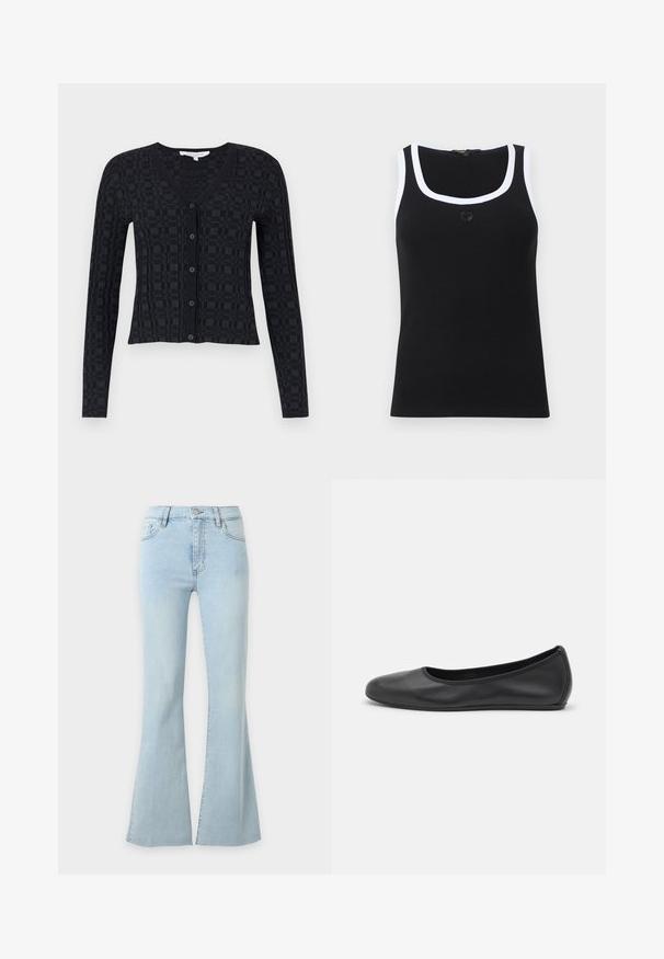 Cardigan noir avec un col en V, des manches longues, et un motif checkered texturé, avec fermeture à boutons sur le devant et ourlet côtelé.; Débardeur côtelé noir avec un bord blanc autour de l'encolure et des emmanchures, présentant un petit motif de cœur brodé au centre de la poitrine.; Jean en denim bleu clair taille haute avec jambes évasées, fermeture par bouton et fermeture éclair, poches avant et arrière.; Ballerines en cuir noir avec un bout rond, texture lisse, détails de couture minimalistes et design de semelle flexible.