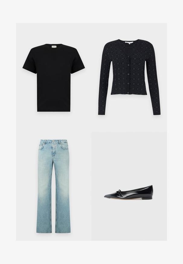 Cardigan noir avec un col en V, des manches longues, et un motif checkered texturé, avec fermeture à boutons sur le devant et ourlet côtelé.; T-shirt noir à manches courtes et col rond avec une petite étiquette blanche au niveau du col affichant le nom de la marque "CLOSED."; Jean large en denim bleu clair avec une finition délavée, doté d'une fermeture à boutons, de cinq poches et d'une coupe droite.; Chaussure plate en cuir verni noir avec un bout pointu, une petite lanière décorative et un petit talon carré. Texture lisse et design épuré.