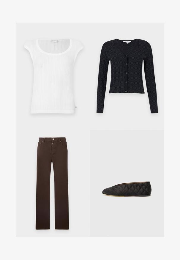 Cardigan noir avec un col en V, des manches longues, et un motif checkered texturé, avec fermeture à boutons sur le devant et ourlet côtelé.; Débardeur blanc côtelé avec un col rond et des manches courtes, confectionné dans une texture douce avec une étiquette de marque discrète à l'ourlet.; Jean marron coupe droite en tissu mélange de coton, doté d'une fermeture à boutons, de cinq poches et de lignes épurées sans motifs.; Ballerine en tissu matelassé noir avec un bout arrondi et un profil élancé. Présente des accents minimalistes et une semelle souple pour le confort.