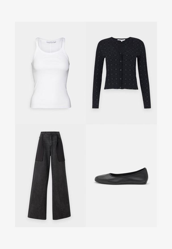 Cardigan noir avec un col en V, des manches longues, et un motif checkered texturé, avec fermeture à boutons sur le devant et ourlet côtelé.; Débardeur en coton blanc avec un design ajusté, texture côtelée et bretelles étroites. Bords sans couture au niveau de l'encolure et de l'ourlet.; Jean à jambes larges en denim noir avec des panneaux de tissu noir sur les côtés, présentant une taille haute et des détails de couture visibles.; Ballerines en cuir noir avec un bout rond, texture lisse, détails de couture minimalistes et design de semelle flexible.