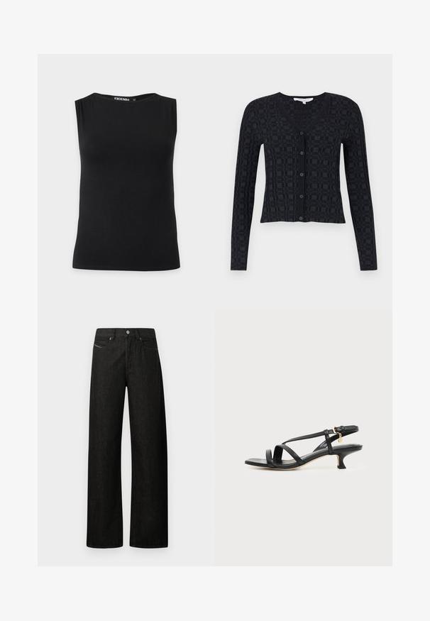 Μαύρο cardigan με V-λαιμόκοψη, μακριά μανίκια και υφασμάτινο καρό μοτίβο, με κουμπί μπροστά και ριμπ χείλος.; Μαύρο γυναικείο αμάνικο τοπ με λαιμόκοψη καραβόπανο, κατασκευασμένο από λείο ύφασμα, απεικονίζεται σε μονόχρωμο φόντο.; Μαύρα τζιν παντελόνια με φαρδύ πόδι, κουμπί και φερμουάρ μπροστά, θηλιές για ζώνη, και πέντε τσέπες πάνω σε λευκό φόντο.; Μαύρο δερμάτινο σανδάλι με χαμηλό τακούνι, αγκράφα στον αστράγαλο και μικρό χρυσό διακοσμητικό σε απλό φωτεινό φόντο.