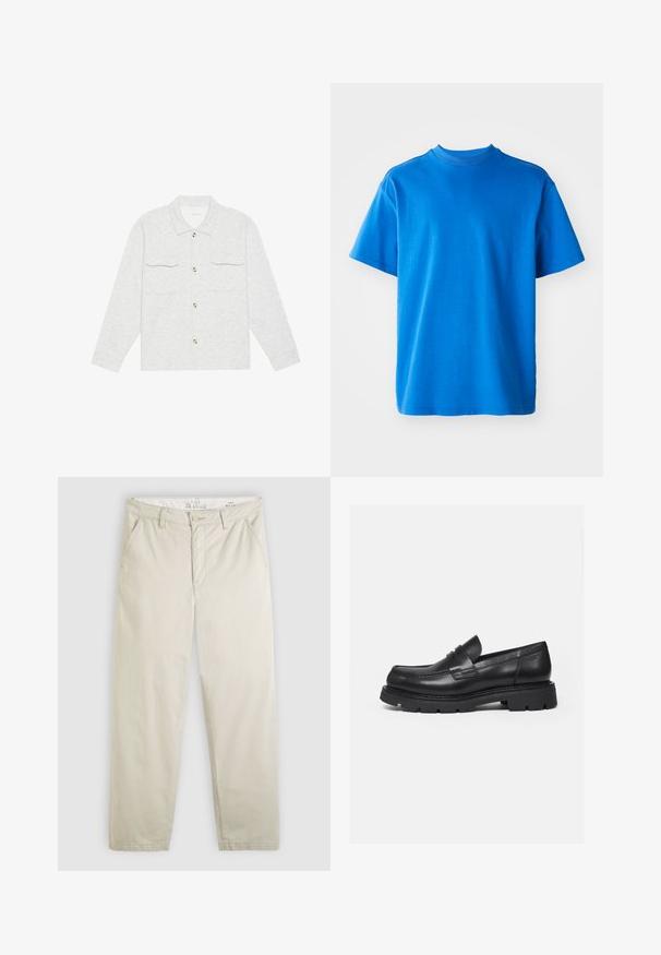 Hellgraues Hemd aus strukturiertem Stoff mit zwei Brusttaschen und klassischem Kragen, akzentuiert mit Holzknöpfen.; Blaues Baumwoll-T-Shirt mit Rundhalsausschnitt, kurzen Ärmeln und lockerer Passform. Glatte Textur und schlichtes Design ohne Muster oder Akzente.; Helle beige Chino-Hosen mit geradem Bein, Fronttaschen, Gürtelschlaufen, Knopfverschluss und Reißverschluss, flach auf weißem Hintergrund präsentiert.; Schwarzer Lederloafer mit dicker, profilierter Sohle und Pennyriemen-Detail, von der rechten Seitenansicht auf weißem Hintergrund gezeigt.