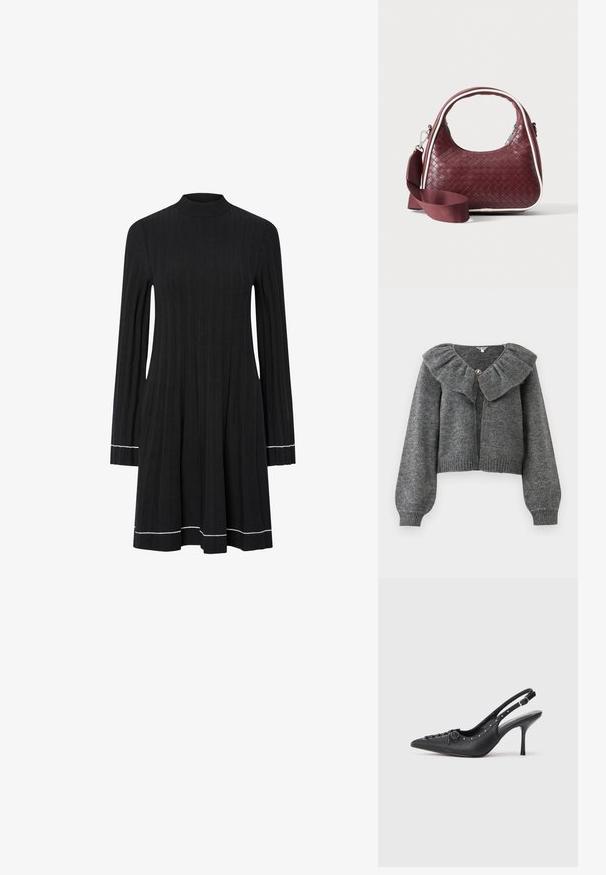 Grå strikket cardigan med puflange ærmer, en bred flæsekant og en enkelt dekorativ knaplukning ved halsen.; Sort ribbet striklangærmet kjole med høj hals og hvide kantdetaljer på ærmer og kant.; Sorte læder slingback stiletto med spids tå, side spændebånd, nitter langs kanten og dekorativ snøring foran.; Mørkerød vævet lædertaske med buet hank, hvid kant, sølv lynlås og aftagelig bred stofskulderrem mod en ensfarvet baggrund.