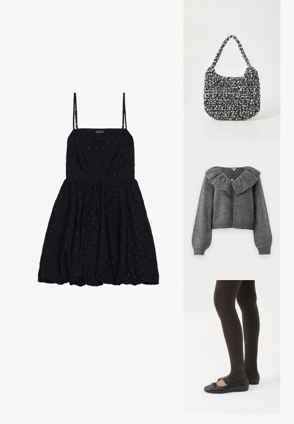Grå strikket cardigan med puflange ærmer, en bred flæsekant og en enkelt dekorativ knaplukning ved halsen.; Even&Odd Cocktailkjole / festkjole - black; Ben iført mørke ribbede leggings kombineret med sorte balletsko med små sløjfedetaljer på hvid baggrund.; Vævet håndtaske i sort og hvid med en rund form, tekstureret overflade og et fletet håndtag. Velegnet til afslappet brug.