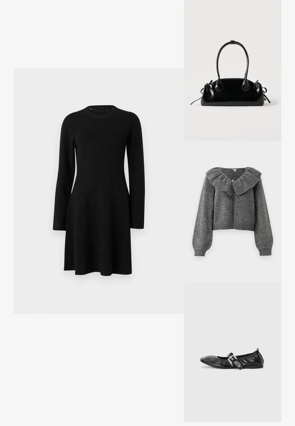 Cardigan tricoté gris avec des manches longues bouffantes, un large col volanté et une seule fermeture à bouton décoratif au niveau du cou.; Robe noire à manches longues en tissu doux. Dotée d'un col rond, d'un corsage ajusté et d'une jupe évasée, avec une texture lisse. Sans motifs ni accents.; Chaussure plate en cuir noir avec un nez pointu, des détails froncés autour de l'ouverture et un accent en boucle argentée sur la bride ajustable.; Petit sac à main noir brillant avec deux longues anses et des détails à cordon sur les côtés sur un fond clair uni.