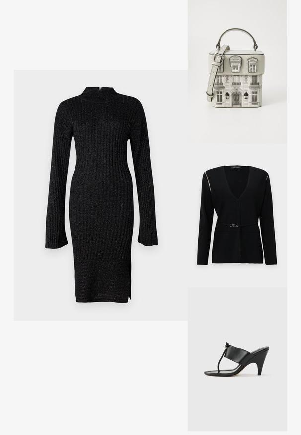 Cardigan noir à col en V profond et manches longues, avec un accent de fermeture éclair argentée sur l'épaule et une ceinture décorative à la taille.; Robe en maille côtelée noire avec des manches longues, col haut et tissu texturé comprenant des fils métalliques discrets, fente sur le côté à l'ourlet.; Sandale noire à talon haut avec une large bride avant et une boucle d'orteil dotée d'un détail de corde nouée, vue de profil sur fond blanc.; Sac à main en forme de carré en simili cuir gris clair, arborant un imprimé architectural détaillé, de la quincaillerie en métal argenté et une bandoulière amovible.
