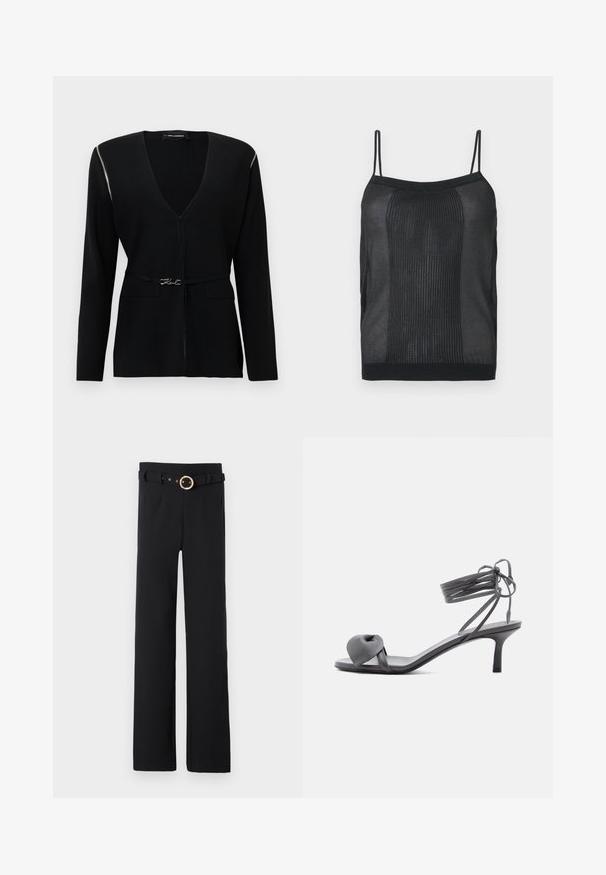 Cardigan noir à col en V profond et manches longues, avec un accent de fermeture éclair argentée sur l'épaule et une ceinture décorative à la taille.; Camisole noire sans manches en maille côtelée avec fines bretelles et encolure droite sur fond neutre.; Pantalons larges noirs en tissu texturé, avec une taille ceinturée dotée d'une boucle circulaire dorée et de poches latérales.; Sandale à talon en cuir gris avec une bride nouée sur les orteils et des lacets enroulants autour de la cheville, sur un talon moyen et fin, sur fond blanc.