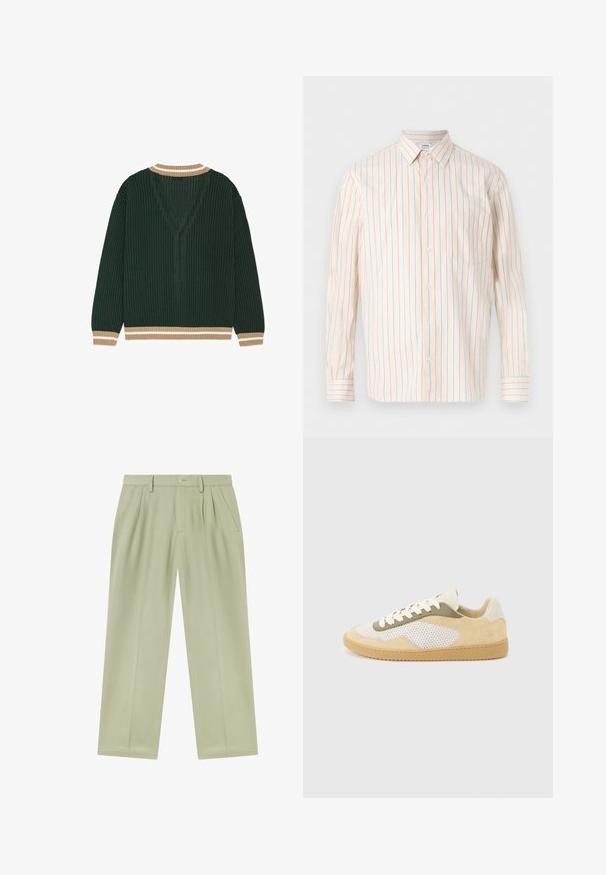 Pull tricoté vert foncé avec poignets et col rayés beige et blanc, vu de dos sur fond blanc.; Chemise blanche à manches longues avec boutons, à rayures verticales rouges et bleues, dotée d'une poche poitrine unique, posée à plat sur un fond blanc.; Pantalon beige clair à jambes droites avec passants de ceinture, plis devant, poches latérales et fermeture par bouton à la taille.; Baskets basses en daim beige, panneaux en maille blanche, accents olive, lacets blancs et semelle en caoutchouc naturel sur fond gris clair.
