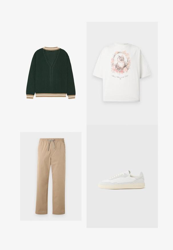 Pull tricoté vert foncé avec poignets et col rayés beige et blanc, vu de dos sur fond blanc.; T-shirt blanc avec une illustration encadrée d'un chat gris et blanc entouré de roses roses et le texte "Miroir, miroir sur le mur."; Pantalon décontracté beige pour homme avec ceinture élastique et cordon gris, coupe droite, poches avant et latérales.; Baskets blanches avec dessus en daim et cuir texturé. Caractérisées par un bout arrondi, une fermeture à lacets et une semelle en caoutchouc beige contrastante.