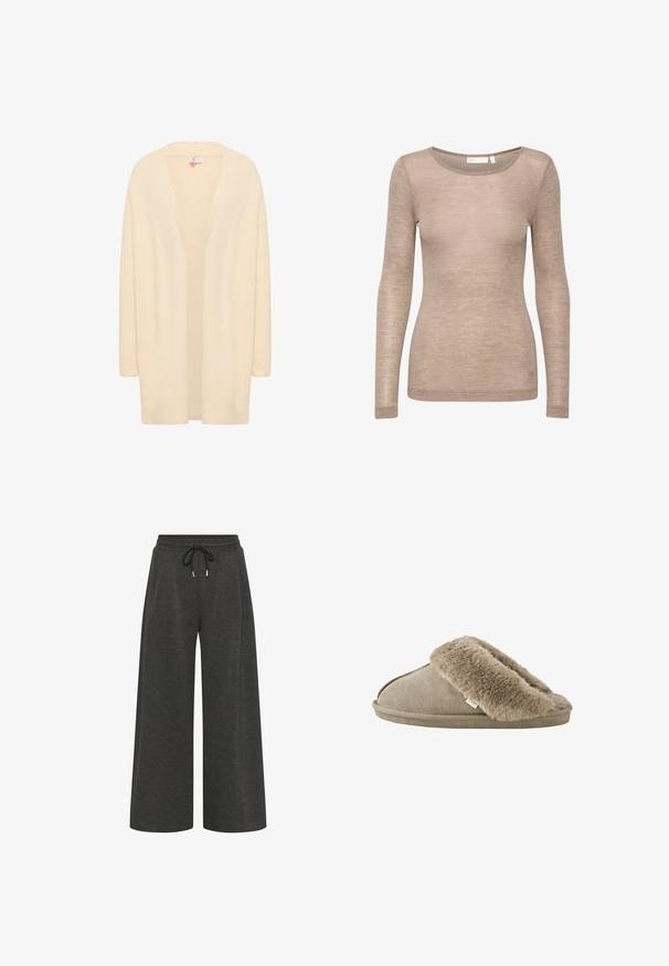 Beige langærmet cardigan lavet af blødt, let materiale. Åben front med en afslappet pasform, der har ribbede manchetter og kant.; Langærmet beige top lavet af letvægtsstof. Har en rund halsudskæring og en tætsiddende silhuet med minimale syninger.; Mørkegrå, bredbenede bukser lavet af blødt stof, med elastisk talje og snøre samt to sidelommer.; Beige slip-on tøfler med blød, plyssede pelsforing omkring åbningen og en ydersål med ruskindslignende overflade.