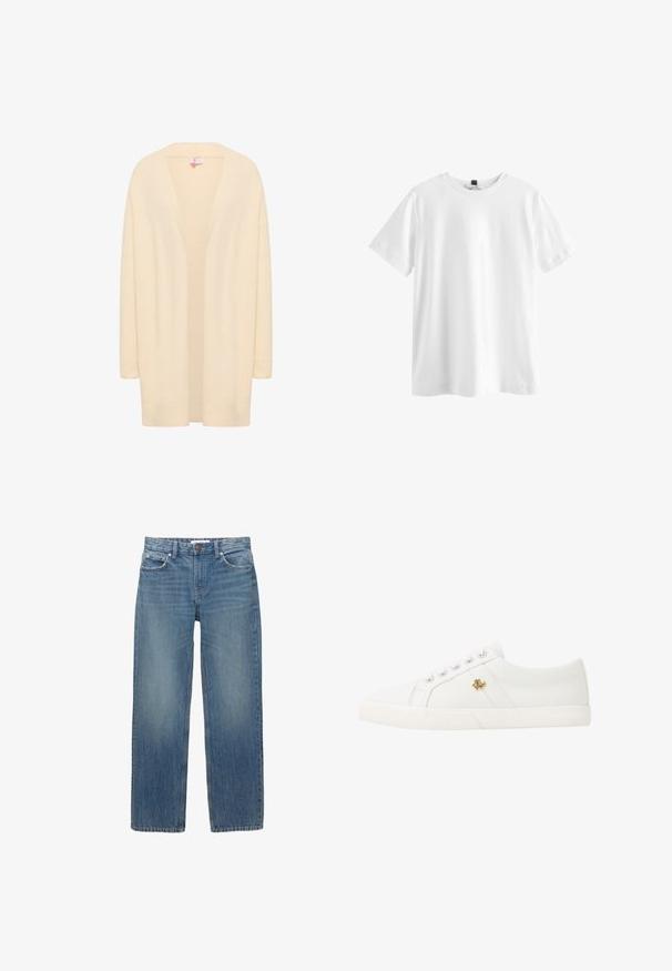 Beige langærmet cardigan lavet af blødt, let materiale. Åben front med en afslappet pasform, der har ribbede manchetter og kant.; Simpel hvid kortærmet t-shirt med rund hals og sort mærke indeni kraven, vist fladt på en hvid baggrund.; Lysblå denimjeans med lige snit, fem lommer og hardware i kobberfarve. Stoffet har en let falmning og en glat tekstur.; Lauren Ralph Lauren JANSON II CANVAS SNEAKER - Sneakers - optic white