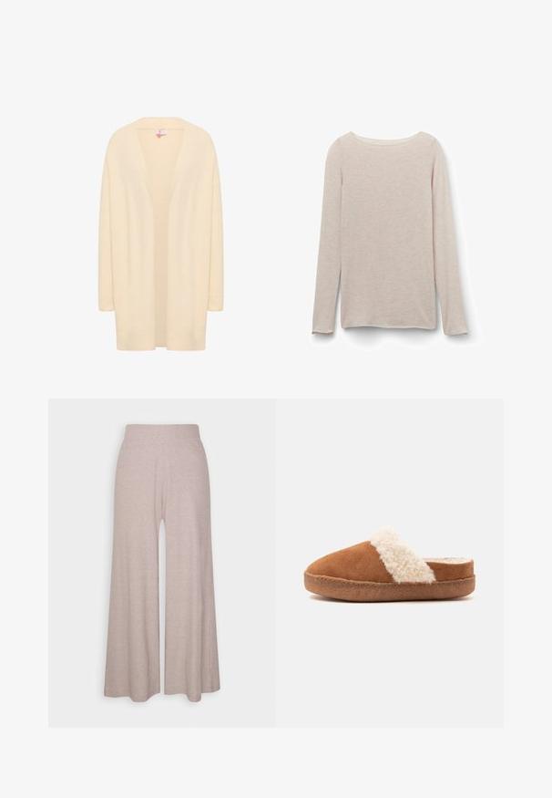 Cárdigan beige de manga larga hecho de un material suave y ligero. Con frente abierto y un corte relajado, cuenta con puños y dobladillo acanalados.; Camiseta de manga larga rosa claro con un escote redondo relajado, hecha de una tela suave con una sutil textura jaspeada.; Pantalones de pierna ancha en gris claro, hechos de una suave tela de canalé, con una cinturilla alta y piernas de largo completo con una sutil textura.; Zapatilla marrón sin cordones con suela gruesa y borde blanco y esponjoso, diseñada para comodidad y calidez en interiores.