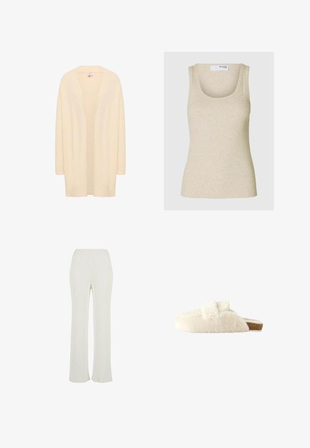 Cárdigan beige de manga larga hecho de un material suave y ligero. Con frente abierto y un corte relajado, cuenta con puños y dobladillo acanalados.; Top sin mangas de canalé beige con escote redondeado y tirantes anchos. Confeccionado en tela suave, presenta una silueta ajustada.; Pantalones de punto acanalado de color crema con un diseño acampanado. Cuenta con una amplia cinturilla elástica y rayas verticales para mayor textura.; Zapatilla de estar por casa de color crema, de tipo slip-on, con suela de corcho y detalle de lazo suave en la parte superior, mostrada en perfil lateral sobre fondo blanco.