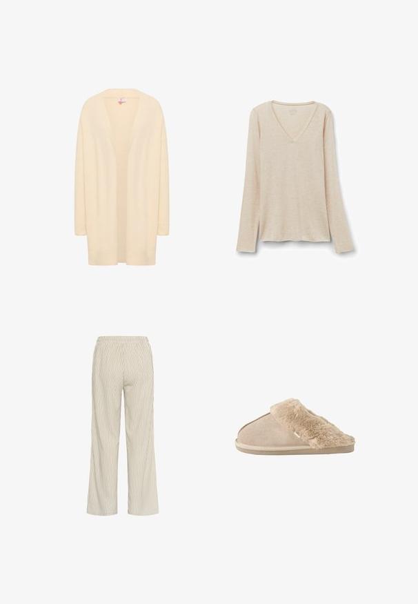 Beige langærmet cardigan lavet af blødt, let materiale. Åben front med en afslappet pasform, der har ribbede manchetter og kant.; Langærmet V-hals top i lys beige stof med en blød tekstur. Afslappet pasform med lige kant og minimalistisk design.; Lys beige stribede bukser med løs pasform, der har en elastisk talje og lodrette linjer, som skaber et tekstureret udseende.; Beige slip-on tøfler med blødt ruskind yderside og blødt, fluffy inderfor og manchet, designet til komfort indendørs.