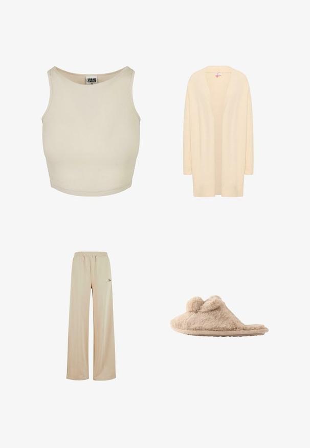 Beige langærmet cardigan lavet af blødt, let materiale. Åben front med en afslappet pasform, der har ribbede manchetter og kant.; Beige ribbet crop top med rund halsudskæring og ærmeløs design. Har en ensfarvet tekstur og en diskret mærkeetiket inde i halsen.; Beige vidde ben bukser lavet af blødt stof med elastisk talje og side sømdetaljer. Har diskret logo broderi.; Beige, fløjlsblød hjemmesko med to pomponer på toppen og en flad sål, designet til indendørs brug.