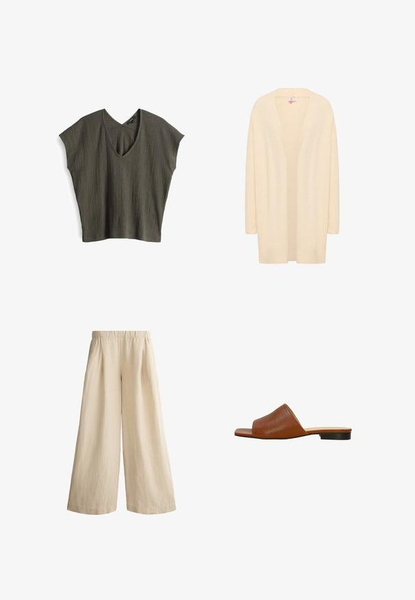Beige, lange mouwen cardigan van zacht, lichtgewicht materiaal. Open voorkant met een ontspannen pasvorm, voorzien van geribde manchetten en zoom.; Olijfgroene, kortmouwtop met een textuur, gekreukt ontwerp en een V-hals. Lichte stof met een losse, relaxte pasvorm.; Beige broek met wijde pijpen, elastische tailleband en subtiele verticale structuur, ontworpen voor een losse, comfortabele pasvorm.; Bruine leren slidesandalen met een gestructureerde bovenkant, een brede open teen en een lage zwarte hak. Eenvoudig, minimalistisch ontwerp met gladde randen.