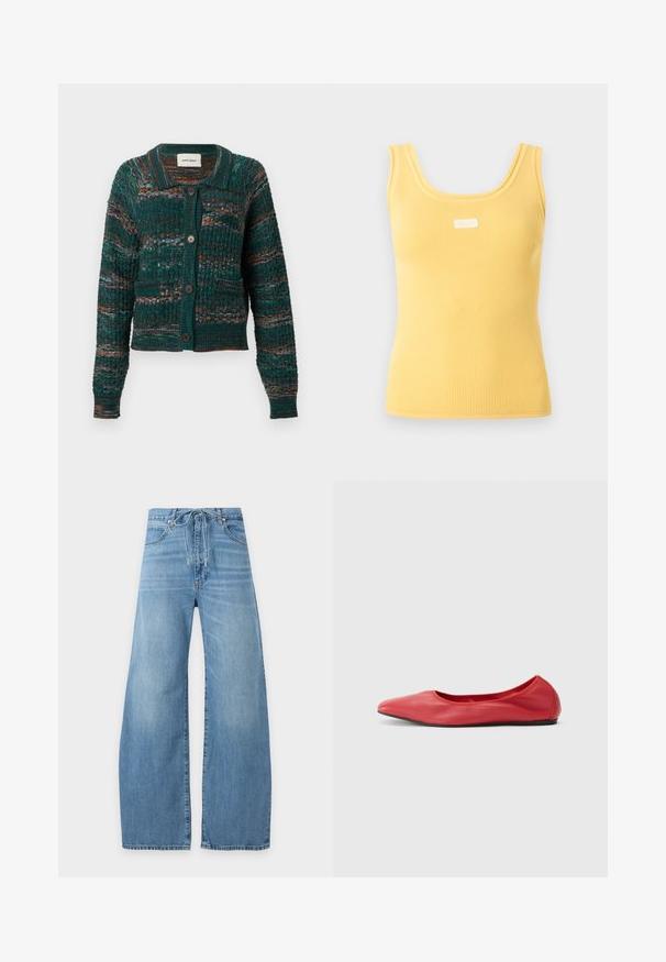 Dunkelgrüner Cardigan mit Knöpfen, strukturiertem Strickmuster, mehrfarbigen horizontalen Streifen, zwei Fronttaschen und einem Kragen.; Gelbes geripptes ärmelloses Tanktop mit breiten Trägern und einem kleinen weißen rechteckigen Etikett, das in der Nähe des Ausschnitts zentriert ist.; Hellblaue, weit geschnittene Jeans mit Kordelzugbund und vorderen Taschen auf weißem Hintergrund.; Filippa K REY FLATS - Klassischer Ballerina - bright red