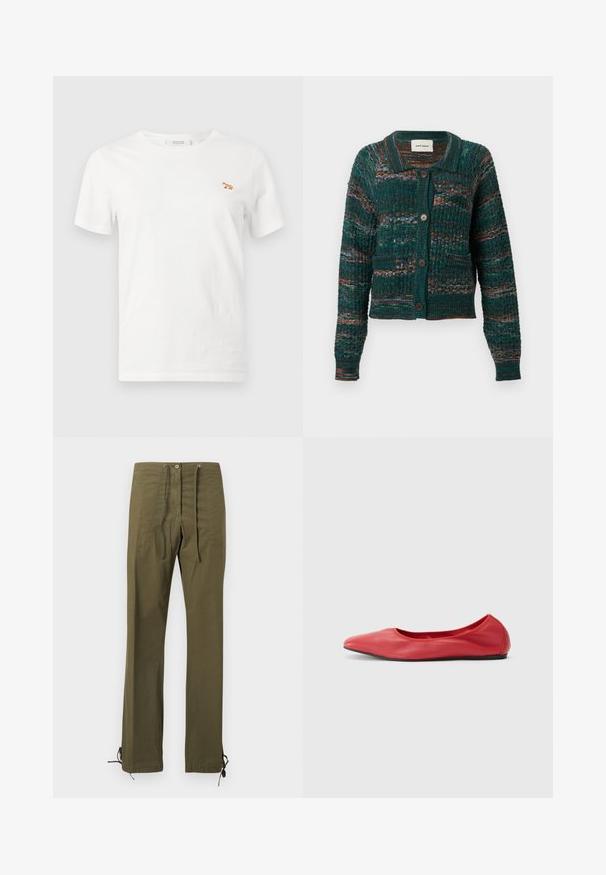 Cardigan boutonné vert foncé avec motif en maille texturé, rayures horizontales multicolores, deux poches avant et un col.; T-shirt blanc à manches courtes et col rond avec un petit renard orange brodé sur la poitrine gauche.; Pantalon en coton vert olive à coupe décontractée, avec plis à l'avant, taille à cordon de serrage et liens ajustables aux ourlets pour personnalisation.; Filippa K REY FLATS - Ballerines - bright red