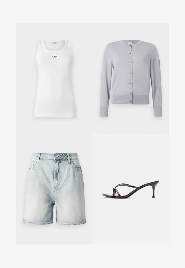 Gilet gris clair avec un col rond, des manches longues et une fermeture à boutons avec des boutons en métal argenté ; tissu doux et texturé.; Débardeur blanc en tissu côtelé, avec un col rond et une étiquette rectangulaire avec "JOOP! JEANS" sur le devant.; Shorts en denim bleu clair avec fermeture par bouton, cinq poches et une texture délavée. Coupe droite au design classique.; Sandale à talon en cuir verni noir avec fines lanières croisées et talon aiguille moyen et élancé sur fond blanc.