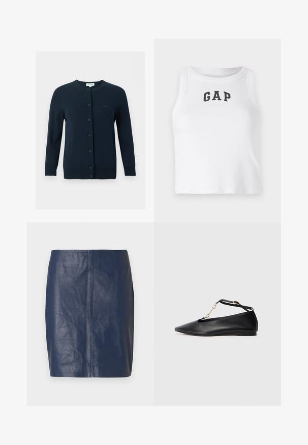 Navy blauwe cardigan met knopen, lange mouwen, ronde hals, geribbelde manchetten en zoom, en een klein geborduurd logo op de borst.; Witte mouwloze crop top van ribbelstof met een zwart "GAP" logo aan de voorkant. Ronde halslijn met schone naden.; Minirok van navyblauw leer met een gladde textuur, rechte snit en minimale stikdetails aan de zijkanten.; Zwarte leren ballerina's met een pointed toe, uitgesneden ontwerp, enkelbandje en gouden kettingaccent. Glad oppervlak, minimale hak.