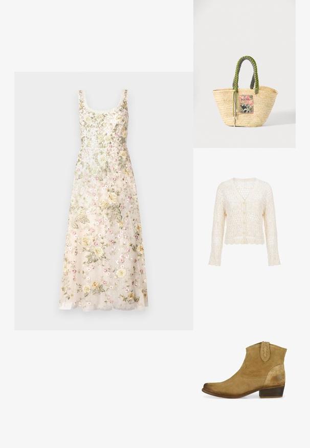 Cremefarbener Strickcardigan mit langen Ärmeln, V-Ausschnitt, Knopfleiste vorne und offenem Häkelmuster über die gesamte Fläche.; Needle & Thread FLORINE SCOOP NECK BALLERINA DRESS - Ballkleid - cream; Beige Wildleder-Ankle Boots mit spitzem Zehenbereich, dekorativer Naht und einem gestapelten Holzabsatz. Verfügt über eine Schlaufe für einfaches Anziehen.; Geflochtene beige Strohtasche mit geflochtenen grünen und schwarzen Griffen und einem bunten rechteckigen Aufnäher auf der Vorderseite.