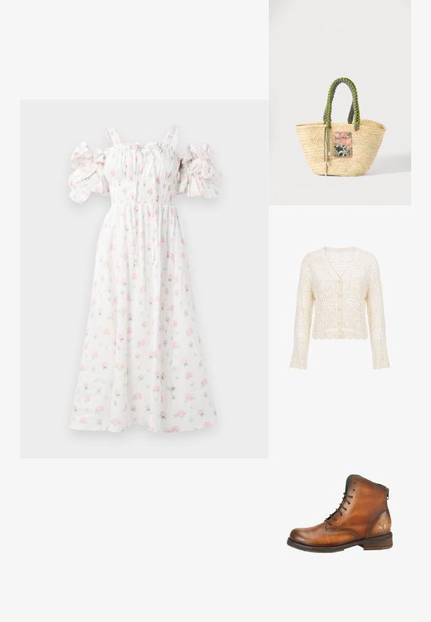 Kremfarvet strikket cardigan med lange ærmer, V-hals, knaplukning foran og et åbent hæklet mønster over det hele.; Hvid blomsterkjole med pink rosetter, smocket liv, skulderfri puffærmer og en svævende silhuet.; Brun læderankelstøvle med snørebånd, mørk sål, let slidt tekstur og en sommerfuglelogo præget nær hælen på en hvid baggrund.; Vævet beige stråtaske med flettede grønne og sorte håndtag og en farverig rektangulær lap foran.