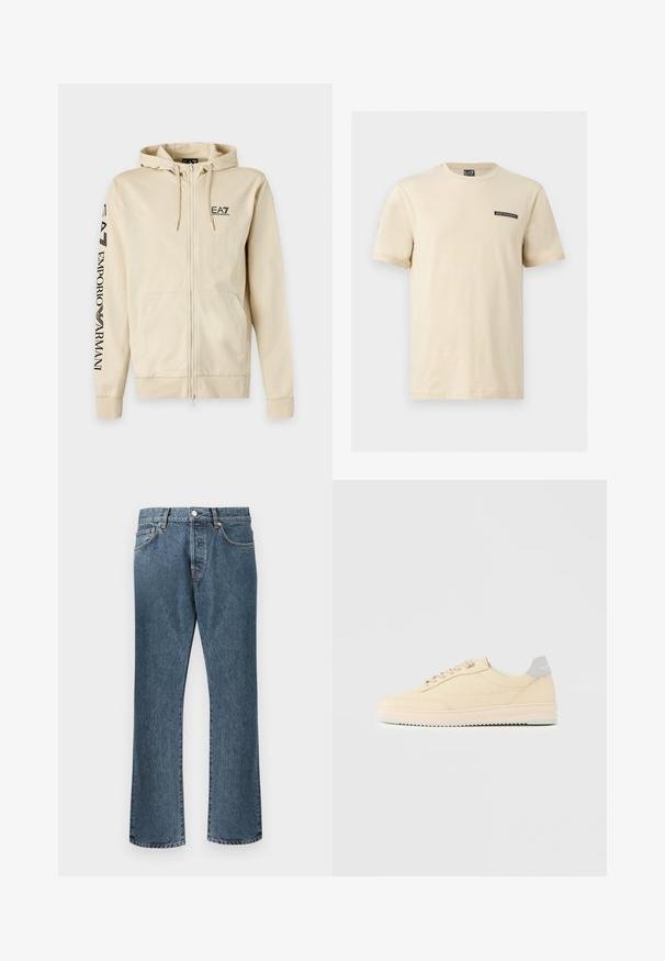 Beiger Hoodie mit durchgehendem Reißverschluss, Kordelzugkapuze, Fronttaschen und schwarzem EA7 Emporio Armani-Logo auf der Brust und am linken Ärmel.; Beige T-Shirt mit kurzen Ärmeln und Rundhalsausschnitt, mit kleinem schwarzem EA7 Emporio Armani Logo-Patch auf der linken Brust.; Blaue Denim-Jeans mit geradem Bein, ausgestattet mit einem klassischen Knopf- und Reißverschluss, fünf Taschen und dezenten Ausbleichungen.; Beiger Sneaker in niedrigem Design mit Schnürverschluss vorne, hellrosa Sohle und grauem Fersenlasche mit der Marke "Filling Pieces", seitlich auf neutralem Hintergrund gezeigt.