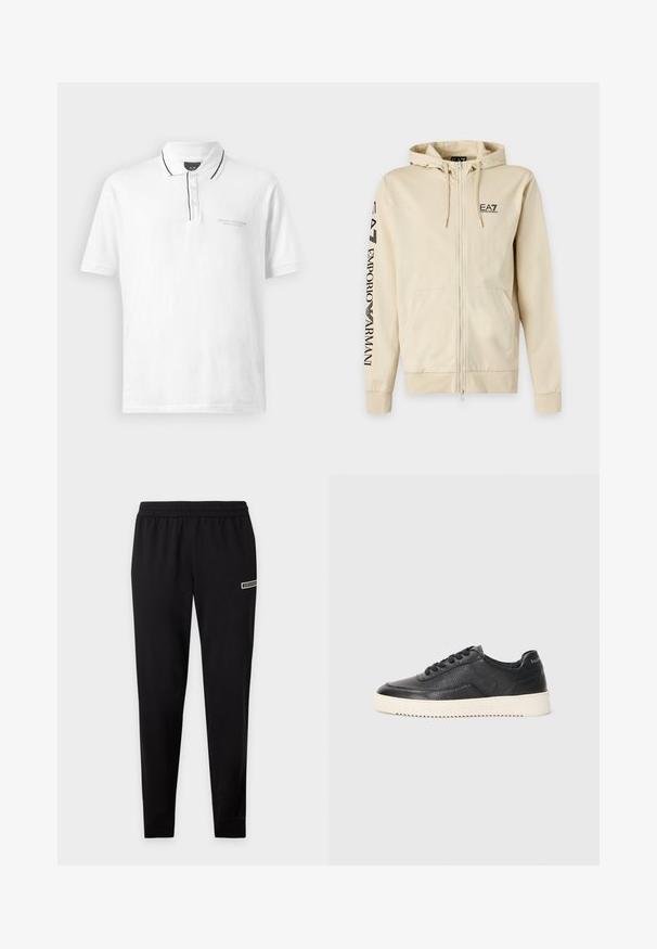 Sudadera con capucha beige con cremallera completa, capucha con cordón, bolsillos frontales y logo negro EA7 Emporio Armani en el pecho y la manga izquierda.; Camisa tipo polo blanca con cuello, que presenta un borde negro a lo largo del cuello y la tapeta. Incluye tres botones y un logo sutil en el pecho.; Pantalones deportivos ajustados negros con cinturilla elástica y pequeño logo en la parte superior del muslo sobre fondo liso.; Zapatillas de cuero negro con acabado texturizado, puntera redonda y suela de goma blanca plana. Presenta cordones negros y una marca en el talón.
