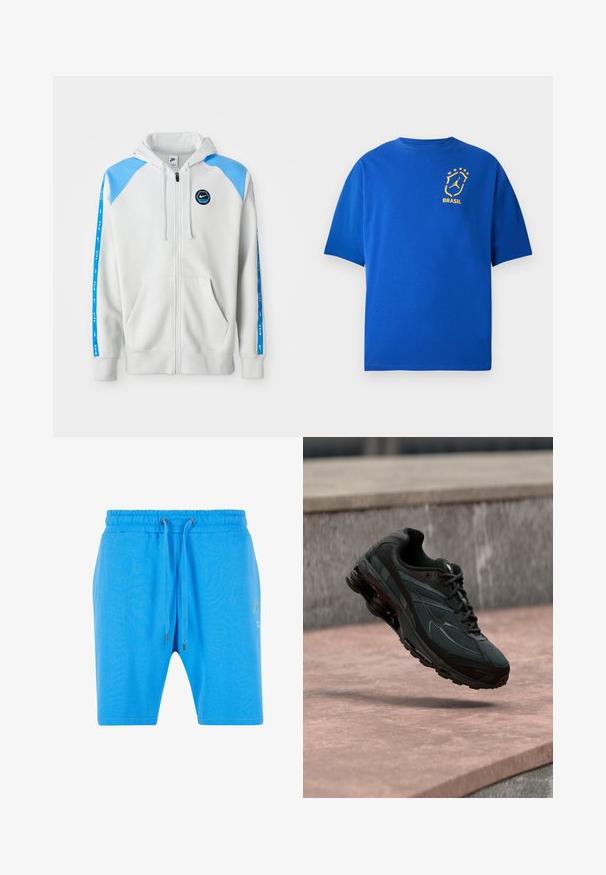 Hellgrau zip-up Hoodie mit blauen Schulterakzenten und Logo, ausgestattet mit zwei Fronttaschen und blauen Streifen entlang der Ärmel.; Blaues kurzärmeliges T-Shirt mit gelbem Brasilien-Emblem und fünf Sternen auf der linken Brust.; Blaue Baumwollshorts mit elastischem Bund, Kordelzugverschluss und dezentem grafischen Detail an der Seite. Glatte Textur und lockere Passform.; Schwarzer athletischer Sneaker mit sichtbarer Air-Cushioning-Zwischensohle, der über einer rosa Steinoberfläche mit grauer Steinmauer im Hintergrund schwebt.