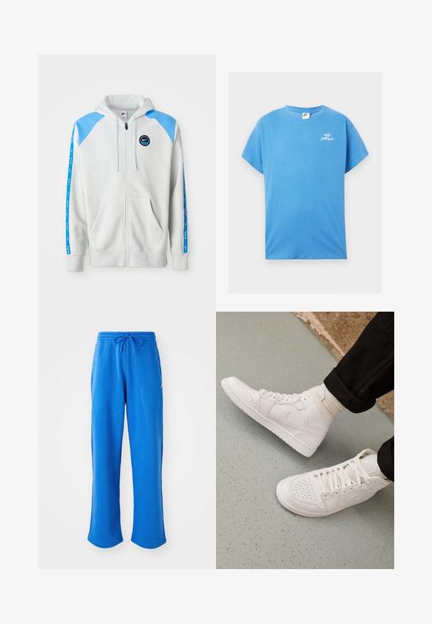 Lichtgrijze rits-hoodie met blauwe schouderaccenten en logo, voorzien van twee vo pockets en blauwe gestreepte details langs de mouwen.; Blauwe katoenen t-shirt met korte mouwen, ronde halslijn en witte "Just Do It" logo op de borst. Glad materiaal, ontspannen pasvorm, casual ontwerp.; Jordan PANT - Trainingsbroek - sport blue/white; Witte hoge sneakers van glad leer met een geperforeerde teen, vetersluiting en subtiele logo-details aan de zijkant. Geprofileerde rubberen zool.