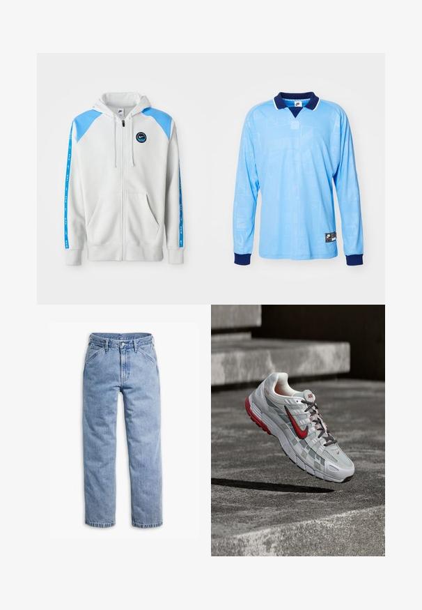 Lys grå zip-hoodie med blå skulderdetaljer og logo, der har to forlommer og blå stribede detaljer langs ærmerne.; Lyseblå langærmet polo trøje med marineblå krave og manchetter, med et diskret all-over mønster og Nike-logo på den nederste kant.; Lyseblå straight-leg denimjeans med forreste knap- og lynlås, bæltestropper og skrå forlommer.; Hvid og grå Nike løbesko med røde accenter og sorte snørebånd, ophængt over grå beton-trin.
